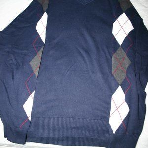 Jos. A Bank Blue Cotton Golf Sweater with Diamonds on Sleeve. V neck. Size is XL